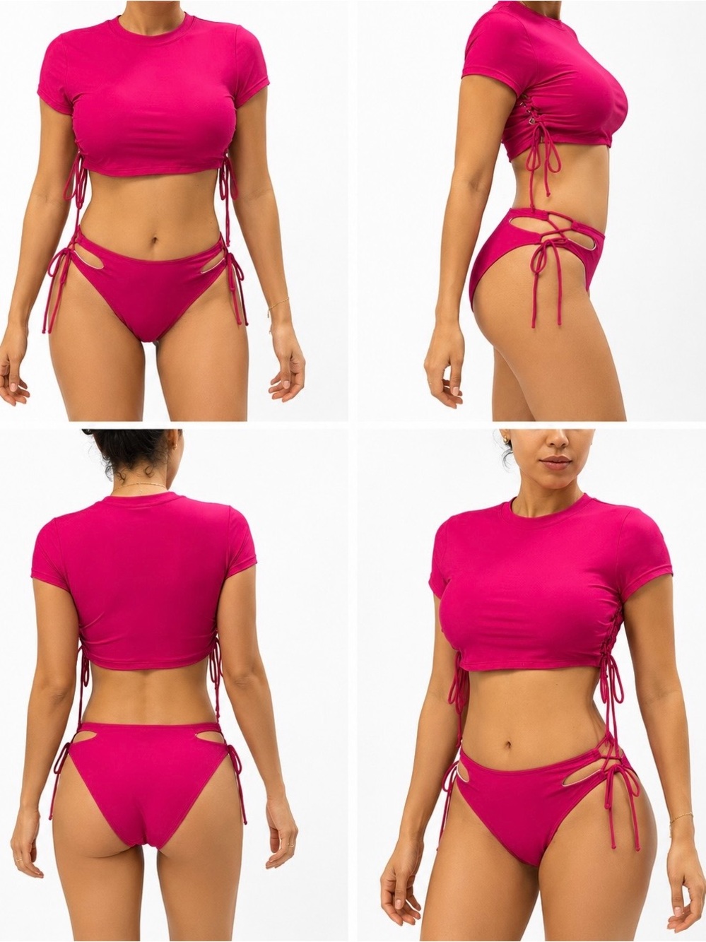 SHEIN Hot Pink Short Sleeve Tie-Side Bikini Set - Picture 1 of 1